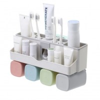 Nordic style no drilling wall mounted bathroom supplies tooth brush shelf with toothpaste dispenser